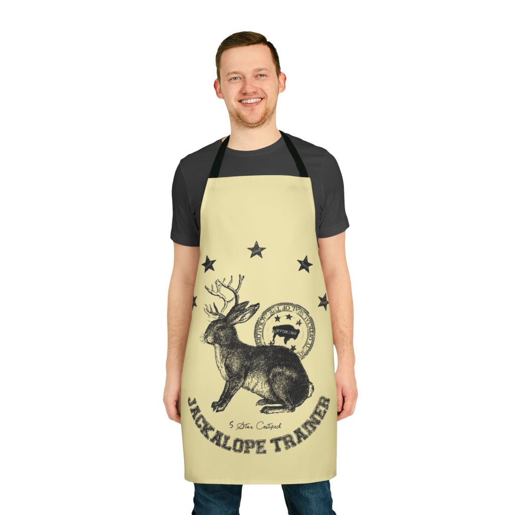 Beige apron with a whimsical jackalope illustration, perfect for animal trainers and veterinary staff.