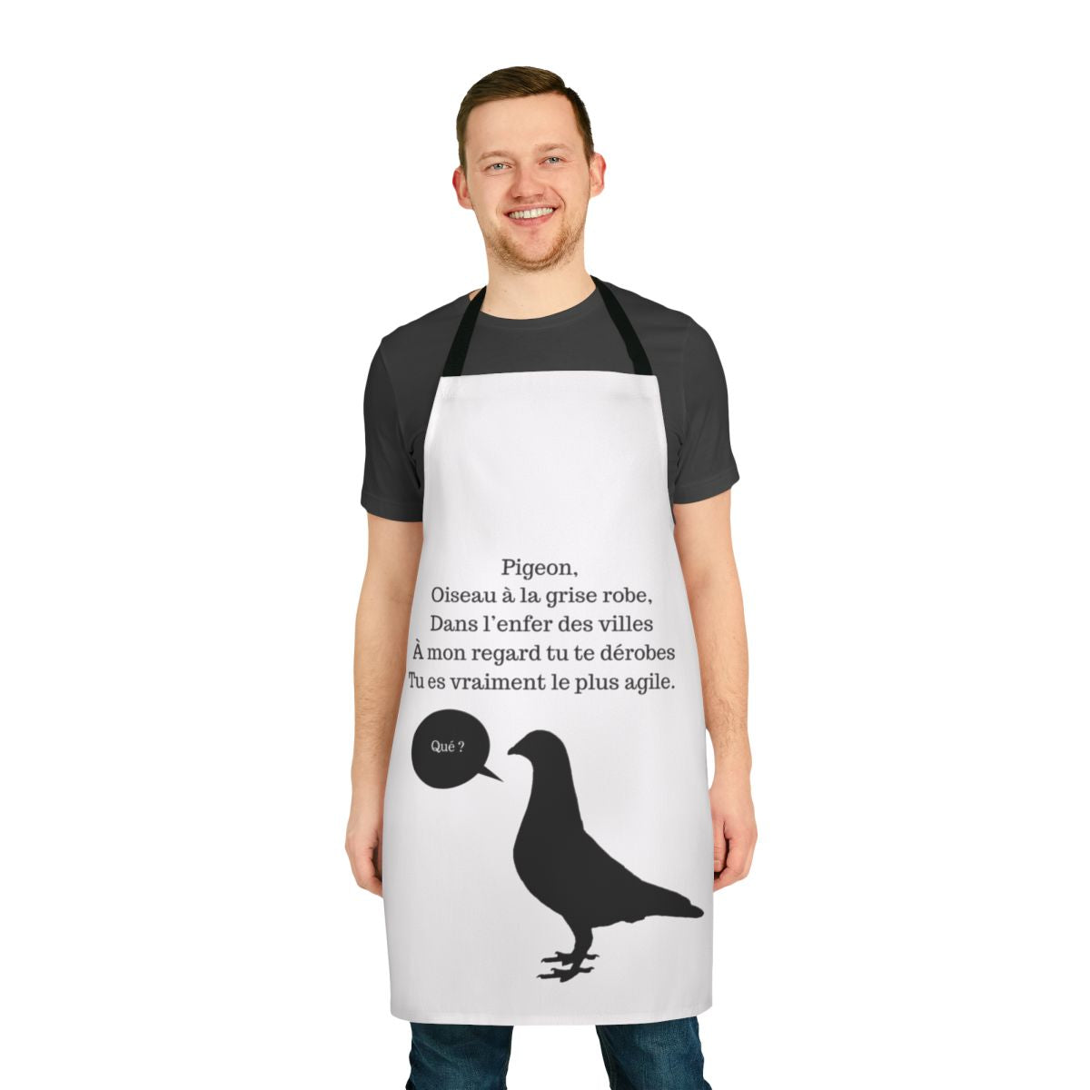 Apron featuring a classic French quote and black and white cartoon illustration