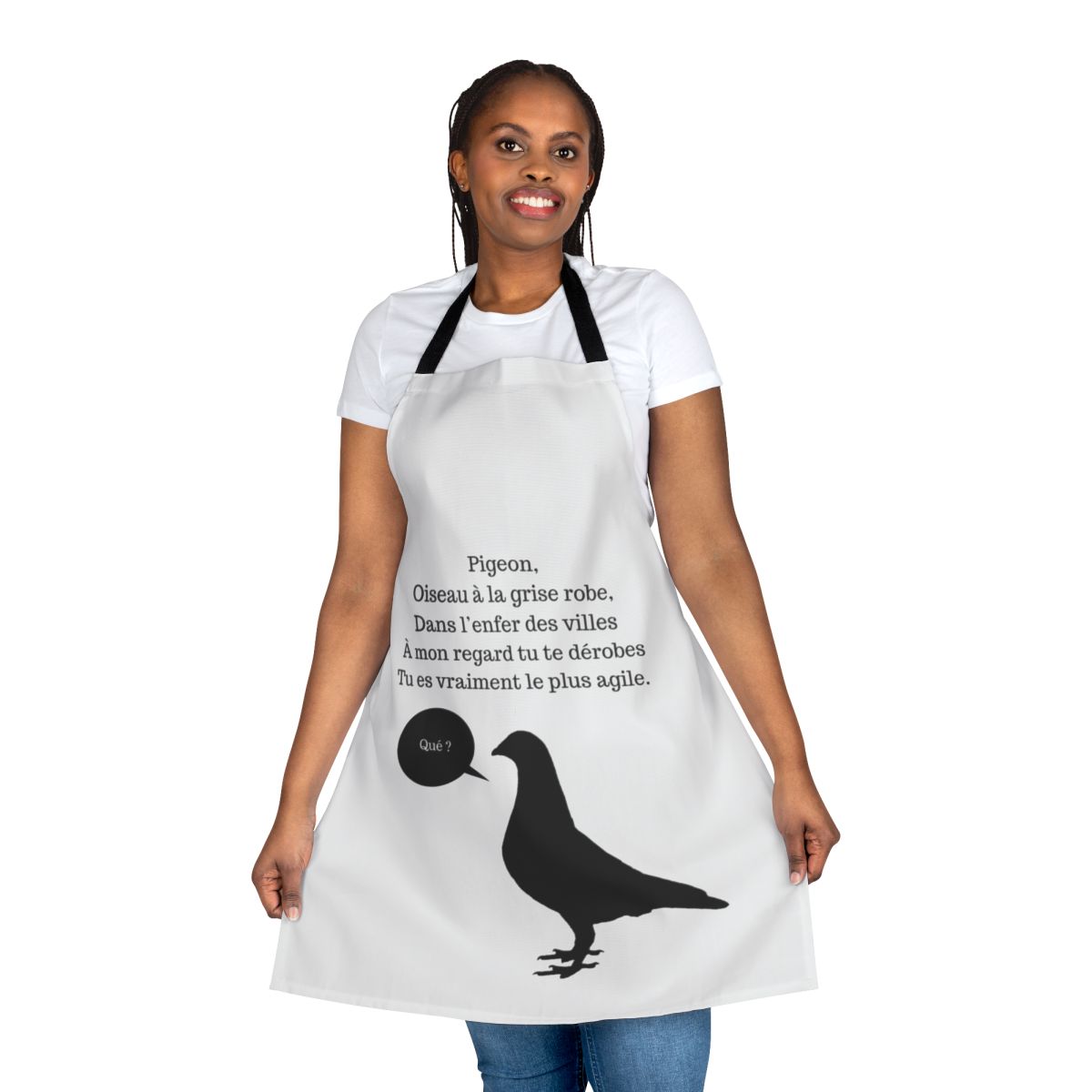 Apron featuring a classic French quote and black and white cartoon illustration
