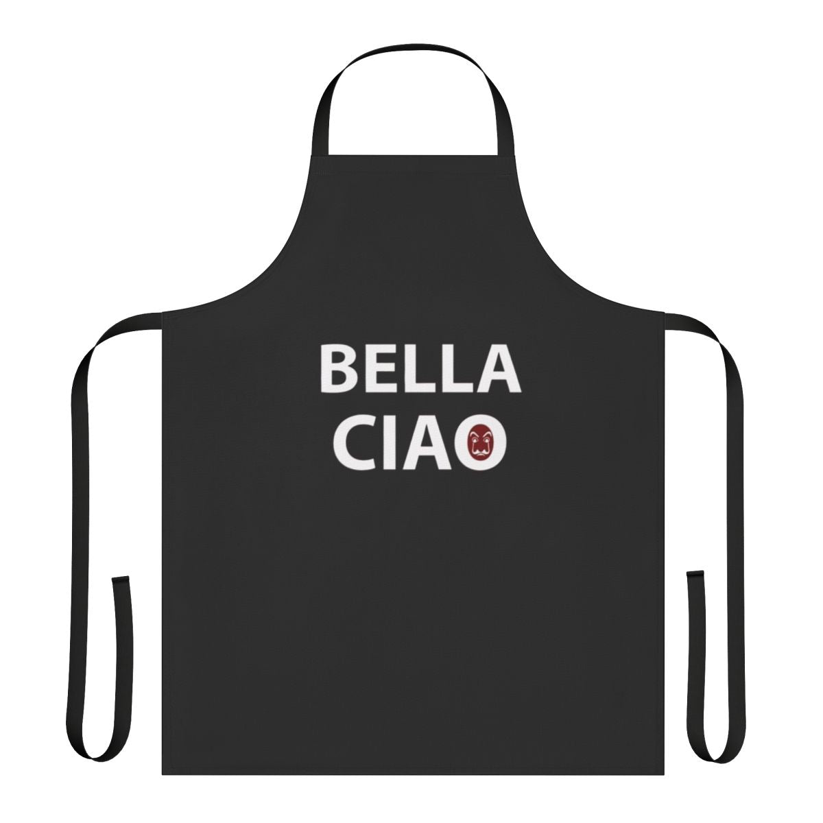 A stylish apron featuring the iconic "Bella Ciao" design from the popular Netflix series "Money Heist".