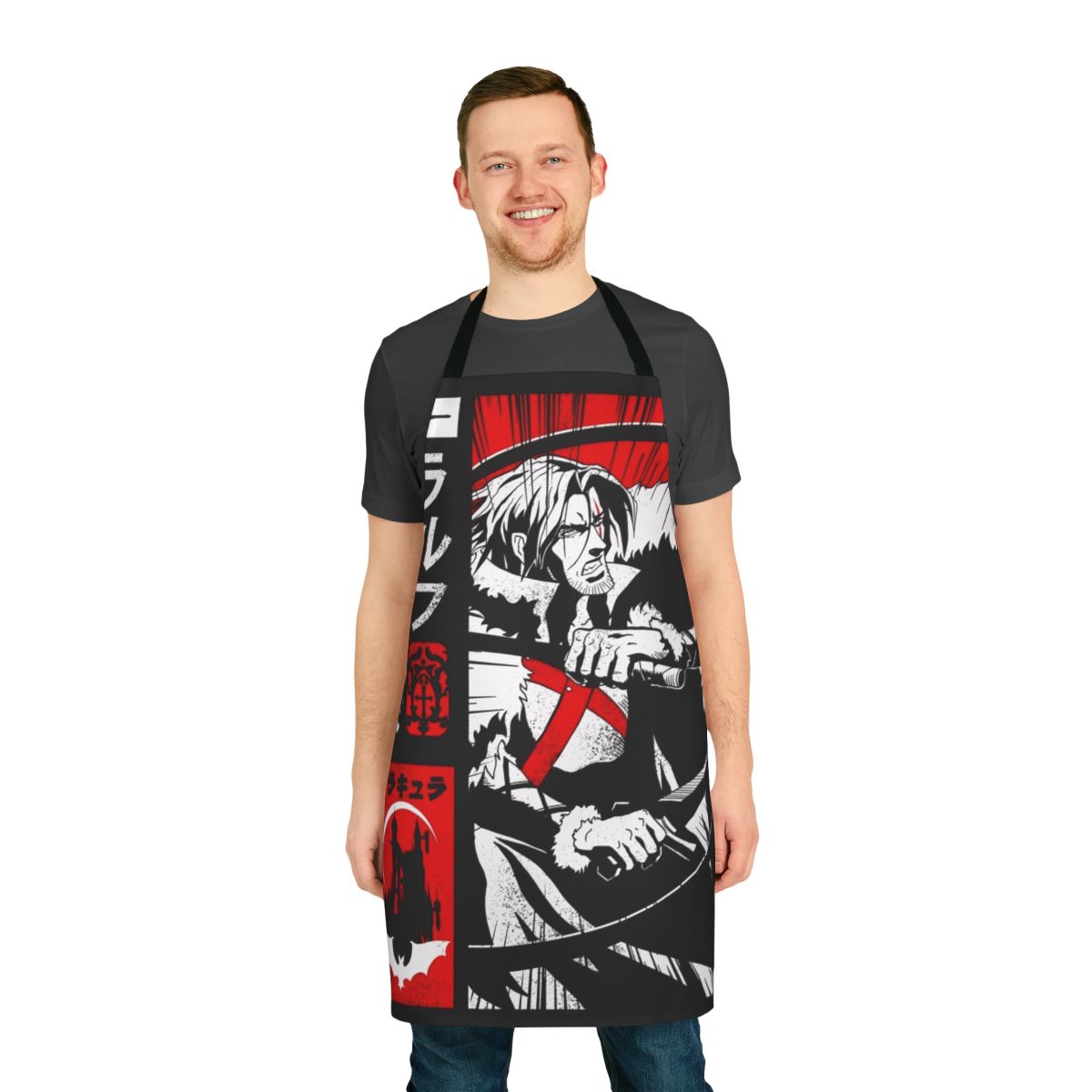 Belmont clan inspired apron featuring a vampire hunter design