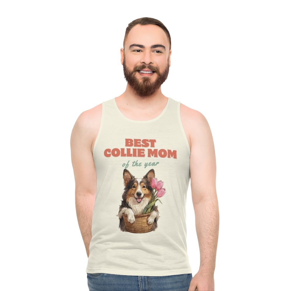Unisex tank top with a collie dog portrait and the text "Best Collie Mom of the Year"