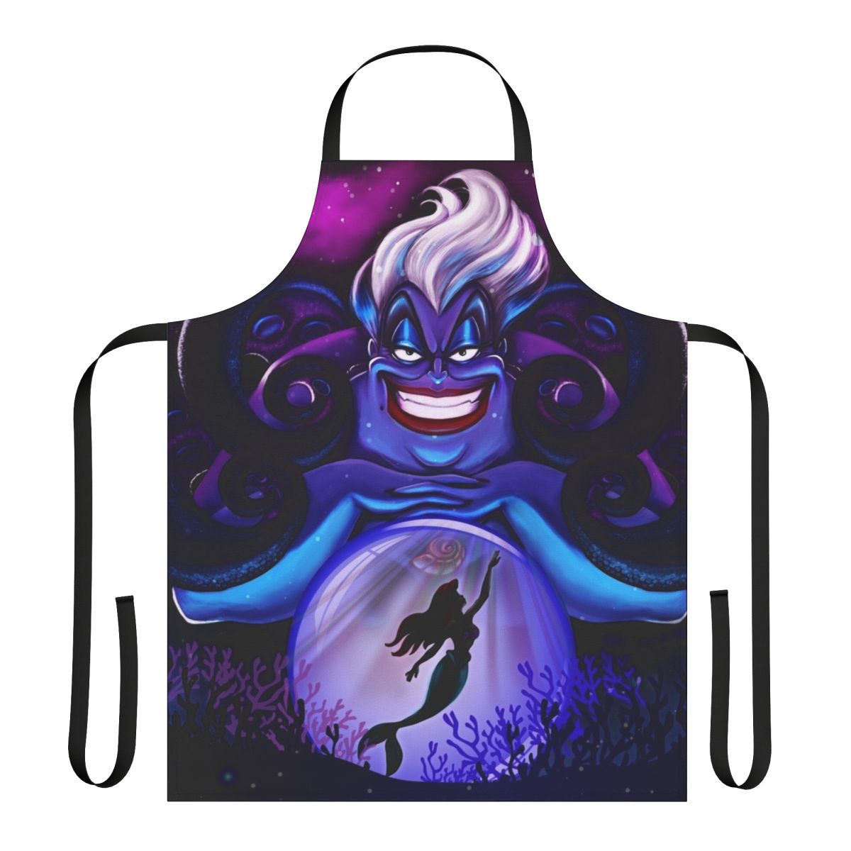 An apron featuring Ursula, the sea witch from Disney's The Little Mermaid, with her iconic crystal ball and ocean-themed design.