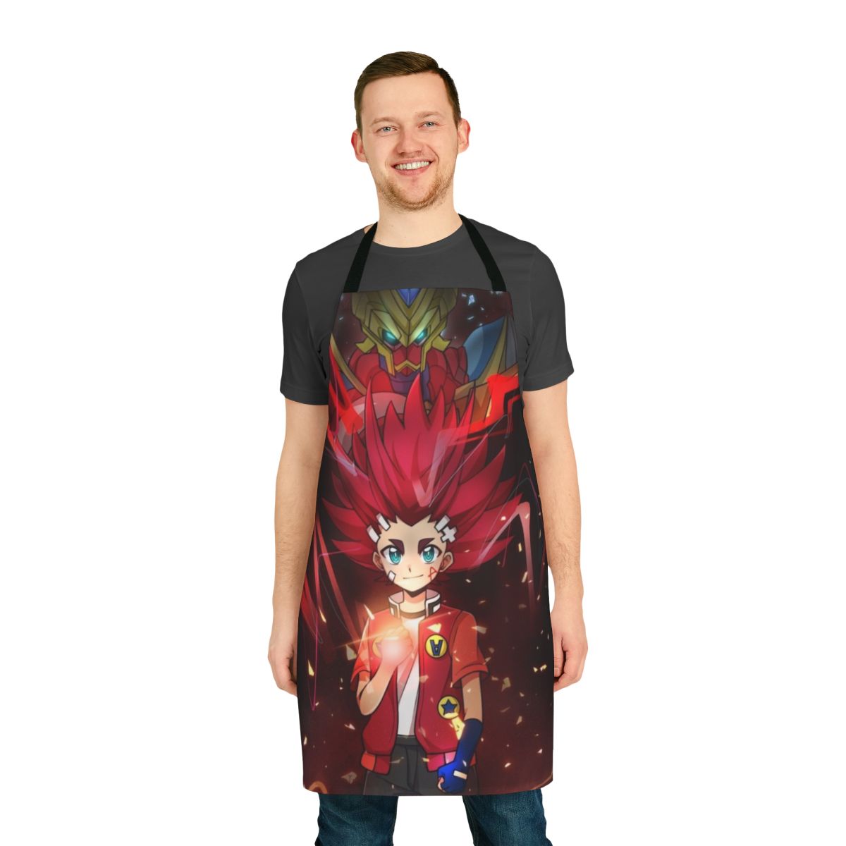 Beyblade Burst Turbo-inspired apron featuring Aiger Akabane and other characters