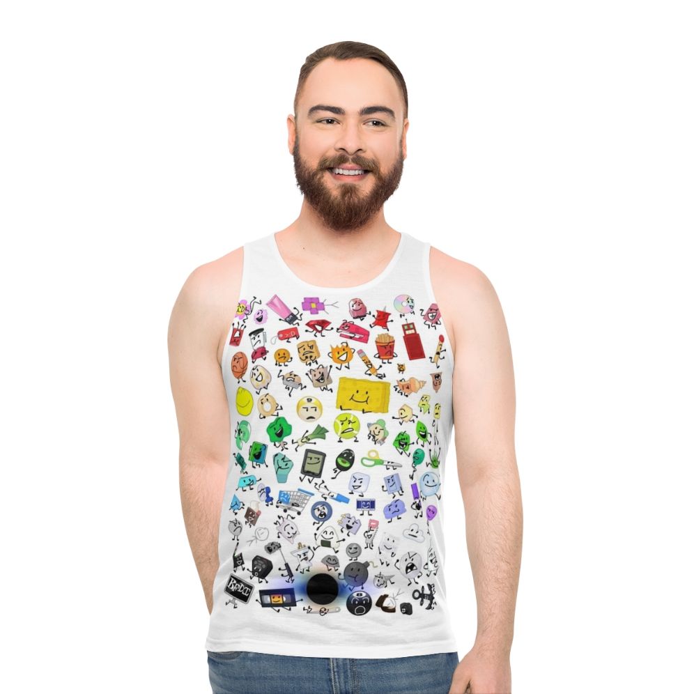 BFDI and TPOT characters printed on a unisex tank top