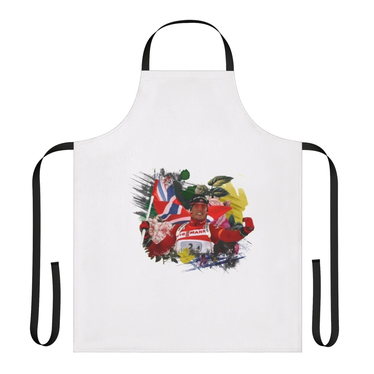 Biathlon-themed apron featuring the name and colors of Norwegian biathlon athlete Tarjei Boe