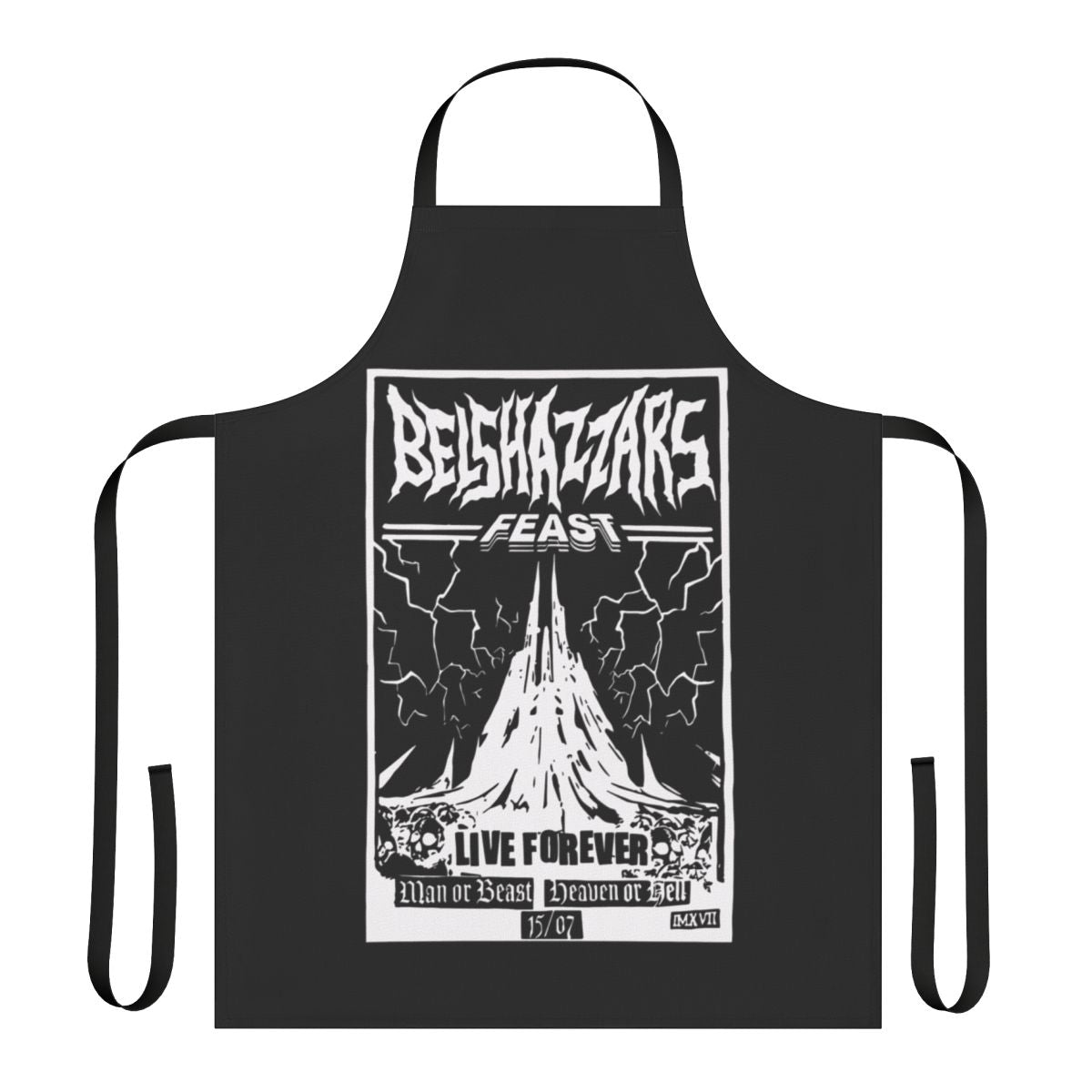 Heavy metal-themed apron with biblical imagery and metalhead references