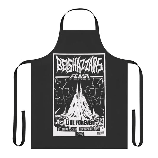 Heavy metal-themed apron with biblical imagery and metalhead references