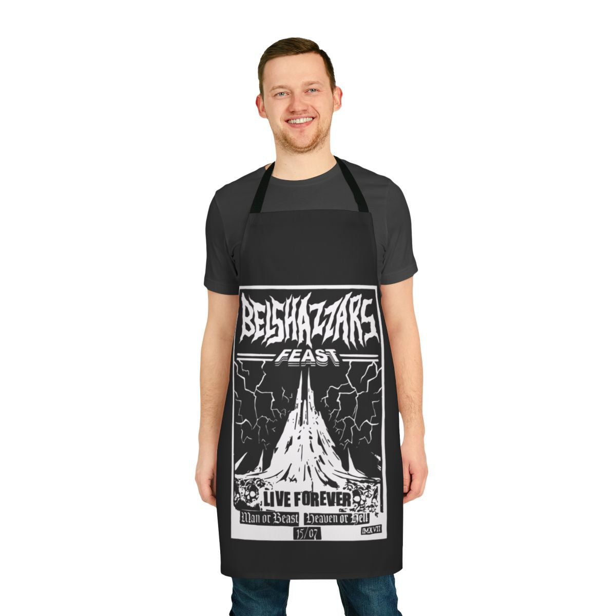 Heavy metal-themed apron with biblical imagery and metalhead references