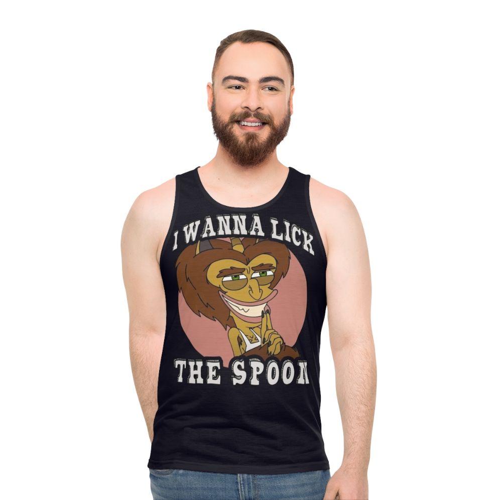 Big Mouth Unisex Tank Top with "I Wanna Lick The Spoon" Graphic