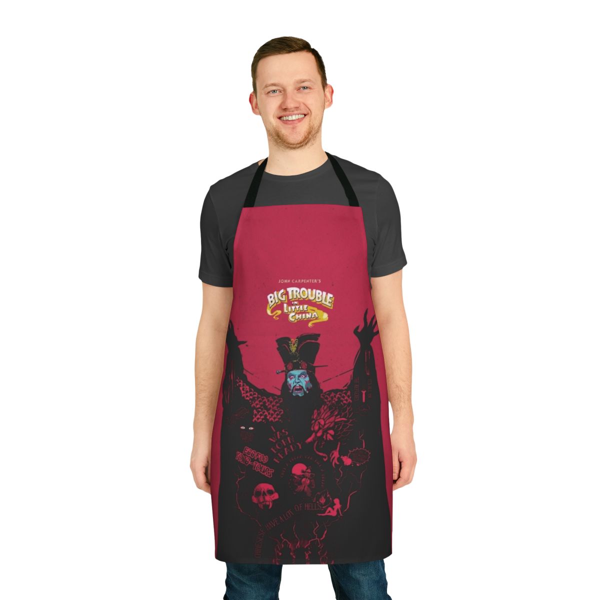 Big Trouble In Little China inspired cooking apron with Lo Pan, Jack Burton, and cult movie graphics