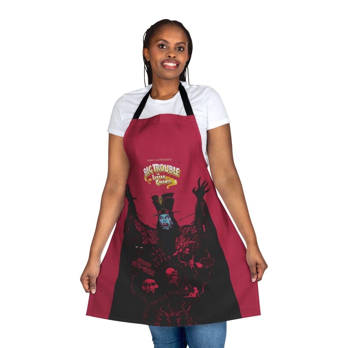 Big Trouble In Little China inspired cooking apron with Lo Pan, Jack Burton, and cult movie graphics