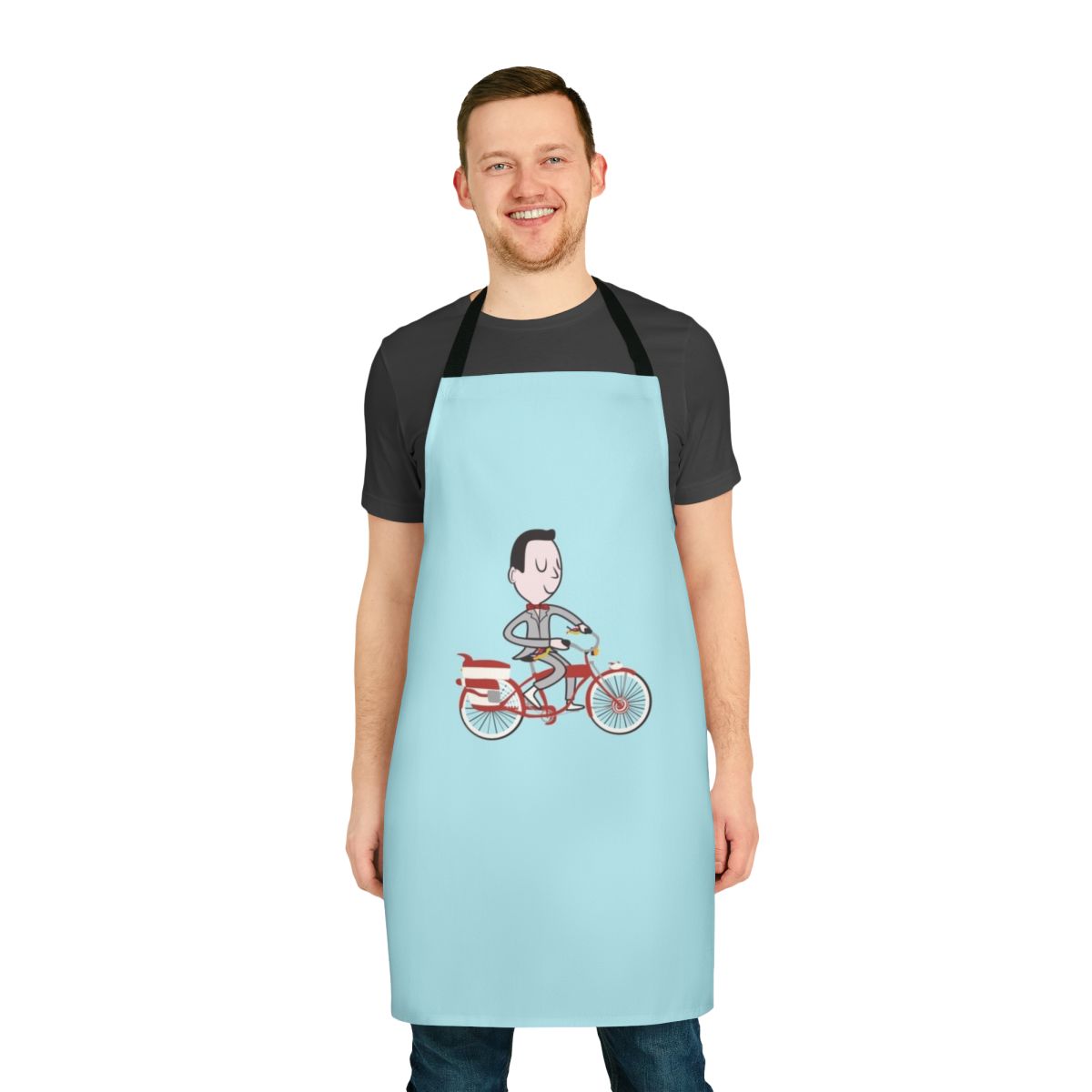 Pee-wee Herman-themed bike apron with cartoon characters and 80s movie references