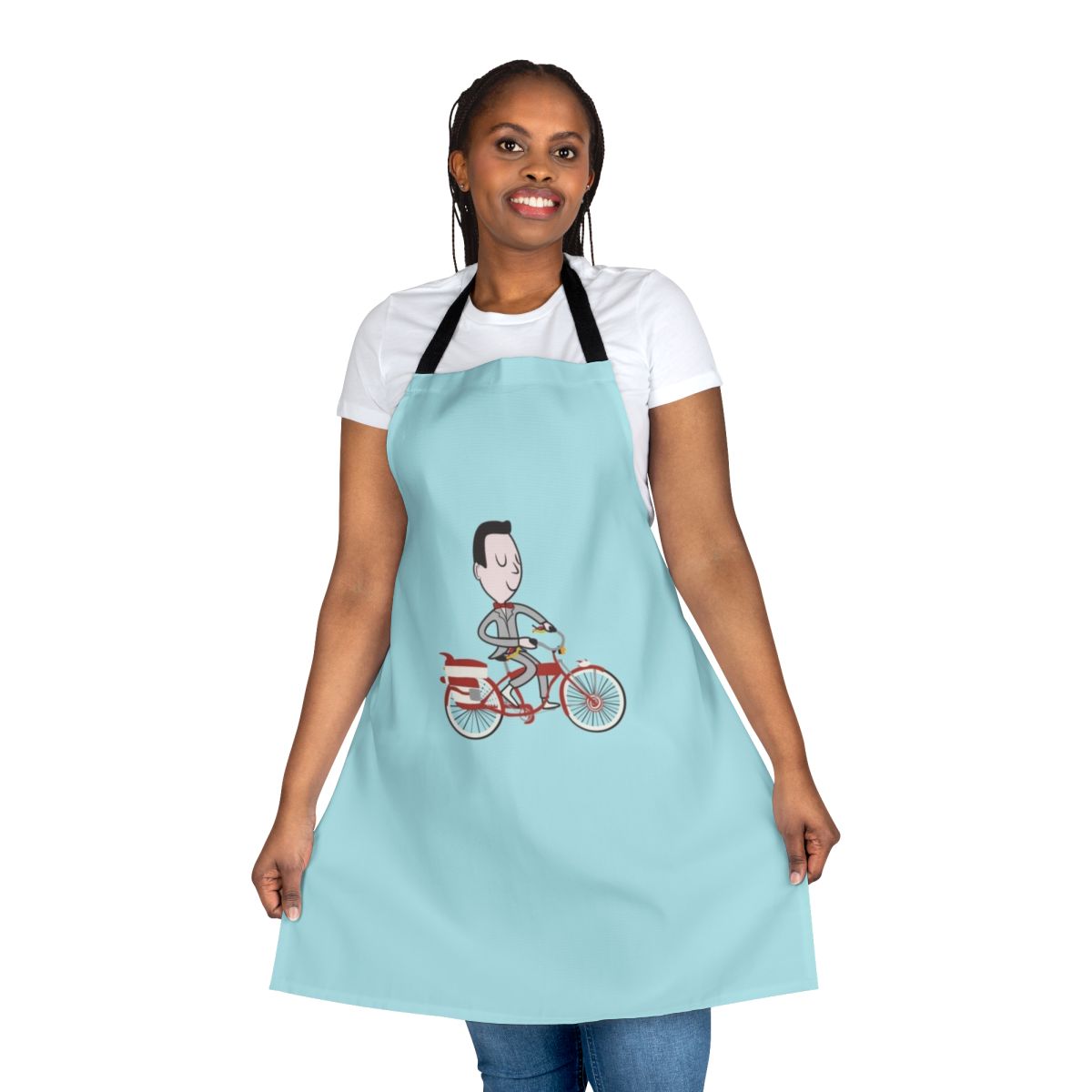Pee-wee Herman-themed bike apron with cartoon characters and 80s movie references