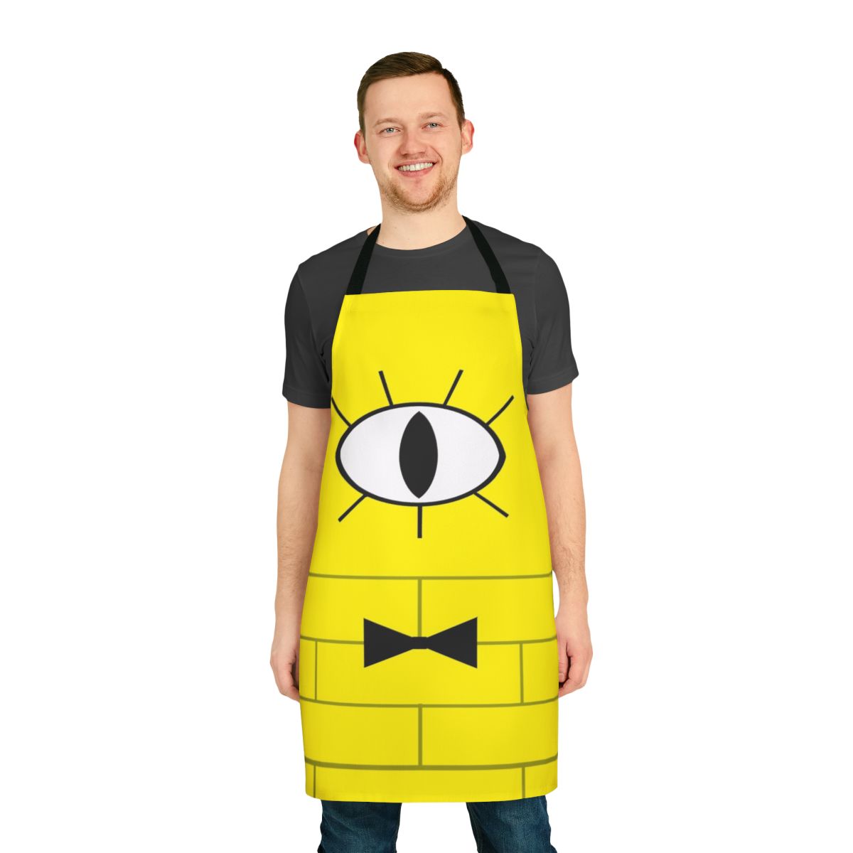 Bill Cipher inspired graphic apron featuring a bold and colorful design from the popular cartoon Gravity Falls