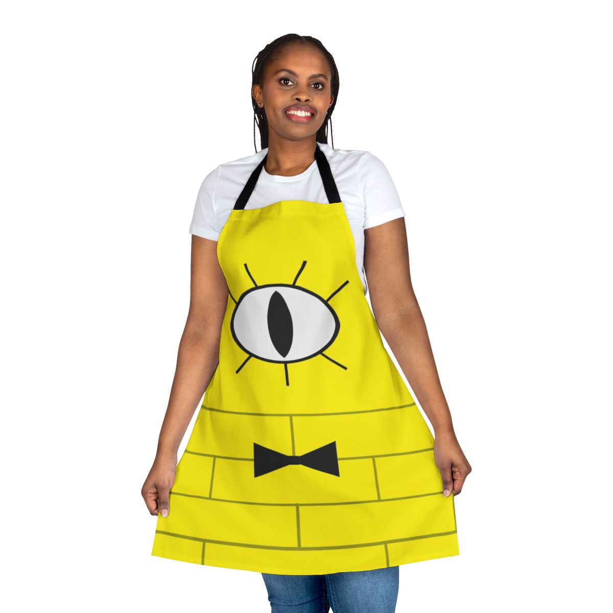 Bill Cipher inspired graphic apron featuring a bold and colorful design from the popular cartoon Gravity Falls