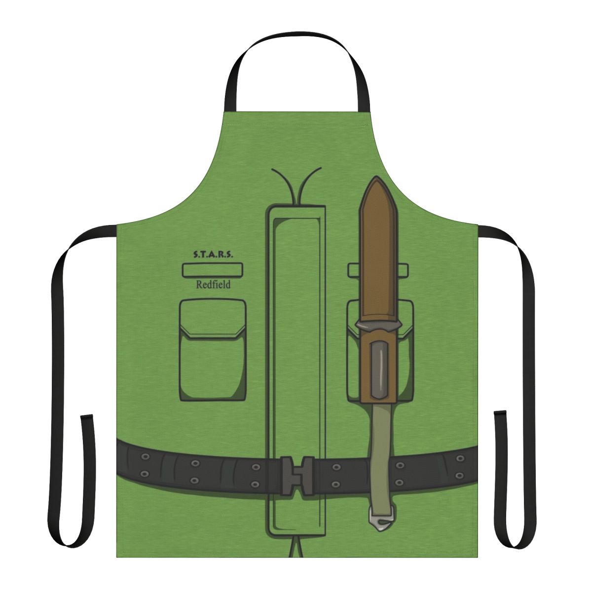 Product image of a green apron featuring a design inspired by the Resident Evil video game franchise