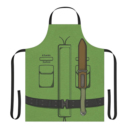 Product image of a green apron featuring a design inspired by the Resident Evil video game franchise
