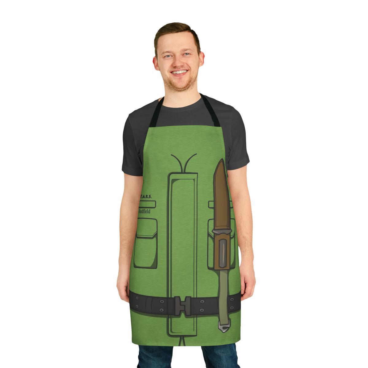 Product image of a green apron featuring a design inspired by the Resident Evil video game franchise