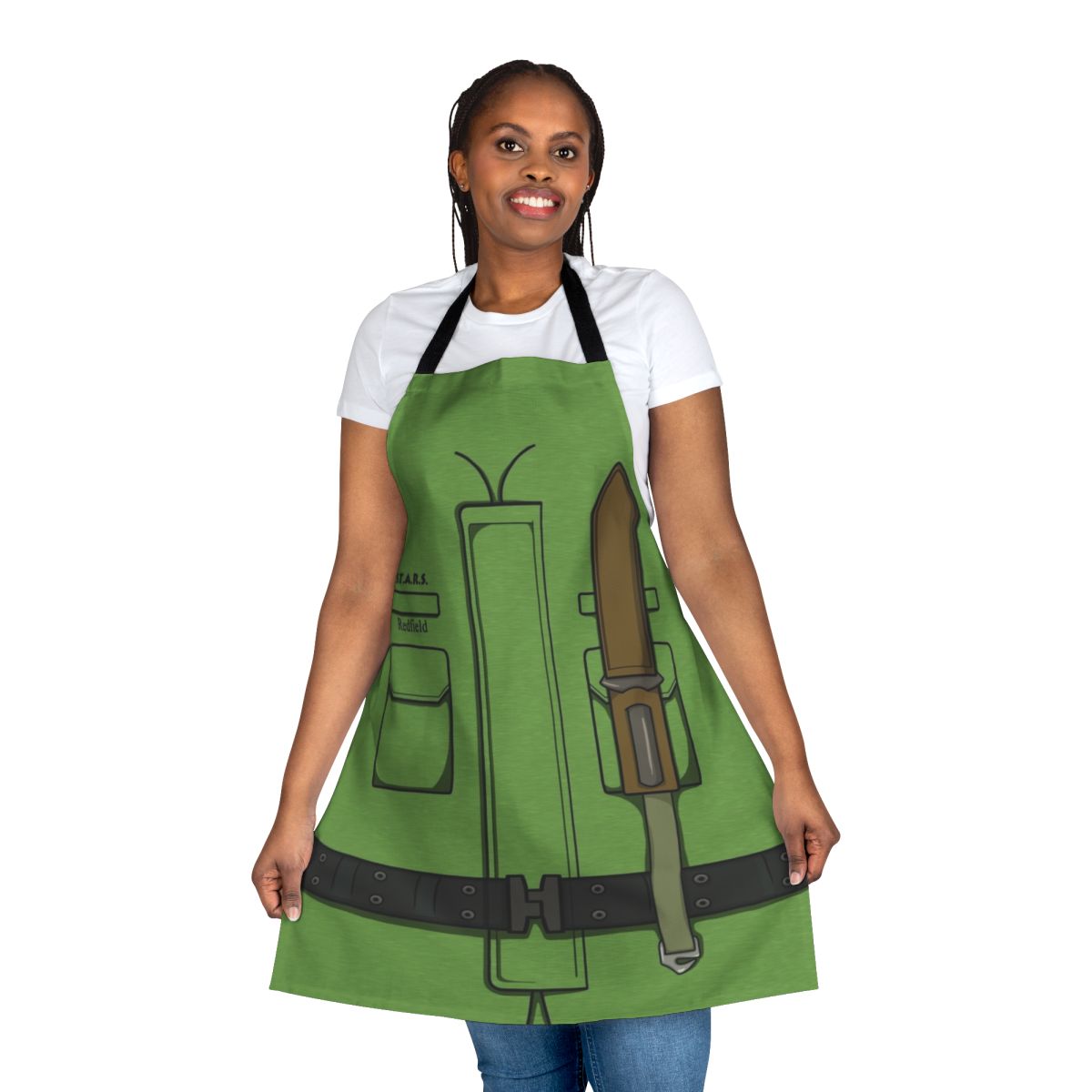 Product image of a green apron featuring a design inspired by the Resident Evil video game franchise