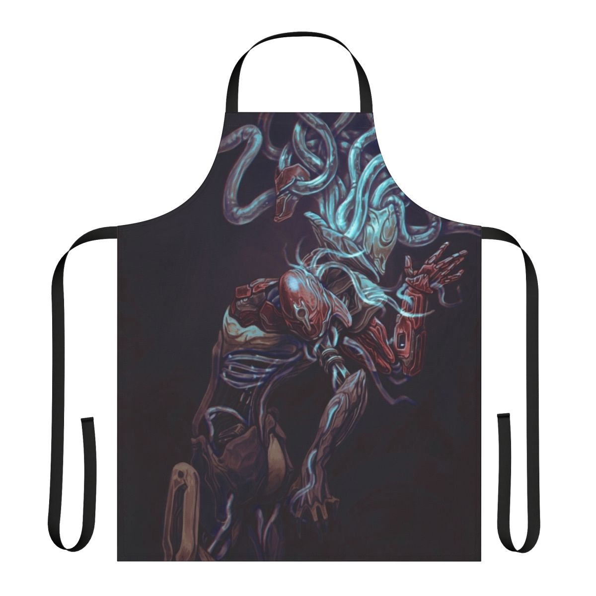 Warframe-inspired apron featuring the biomechanical, eldritch character Xaku with tentacles and surreal elements.