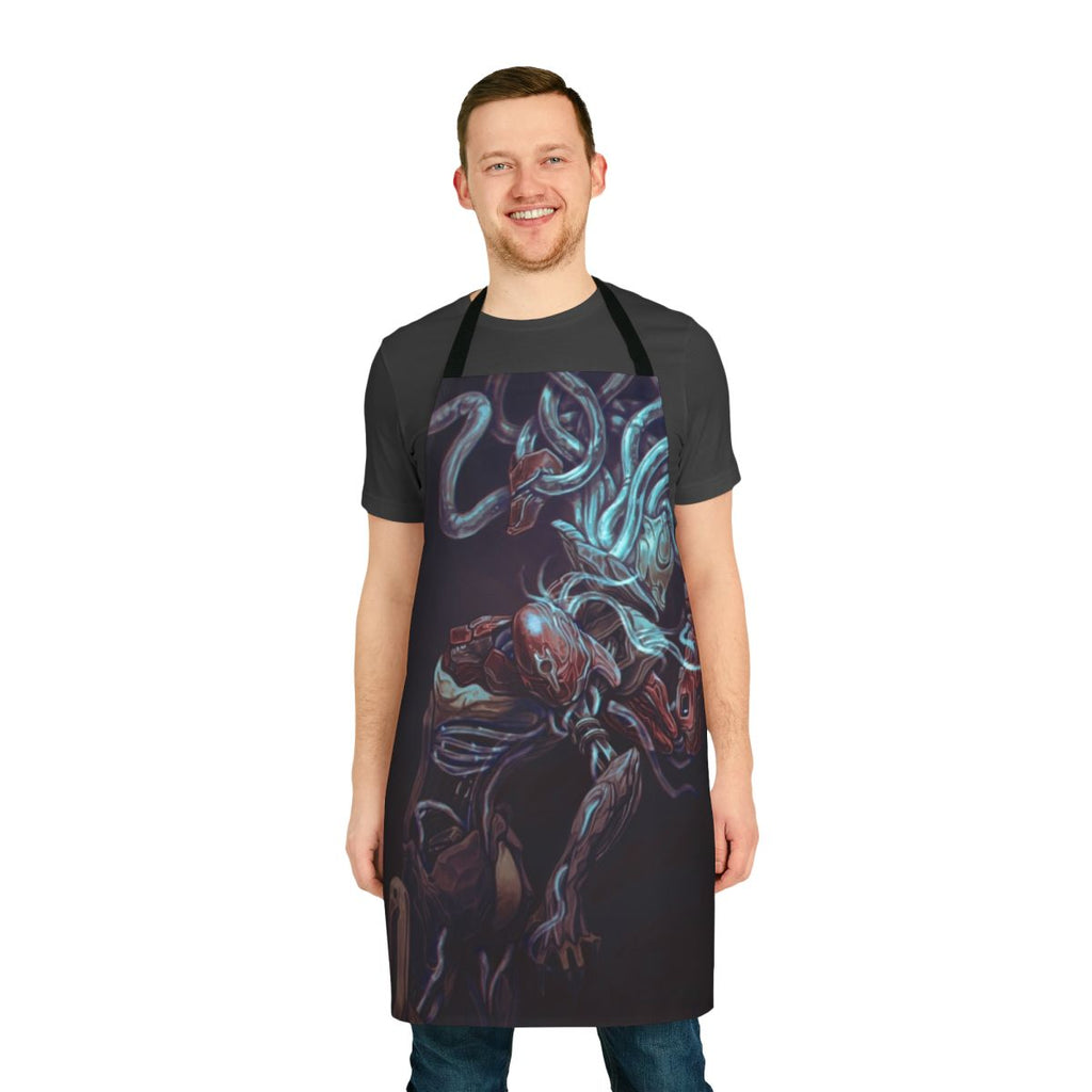 Warframe-inspired apron featuring the biomechanical, eldritch character Xaku with tentacles and surreal elements.