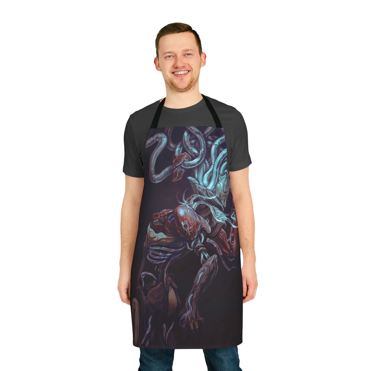 Warframe-inspired apron featuring the biomechanical, eldritch character Xaku with tentacles and surreal elements.