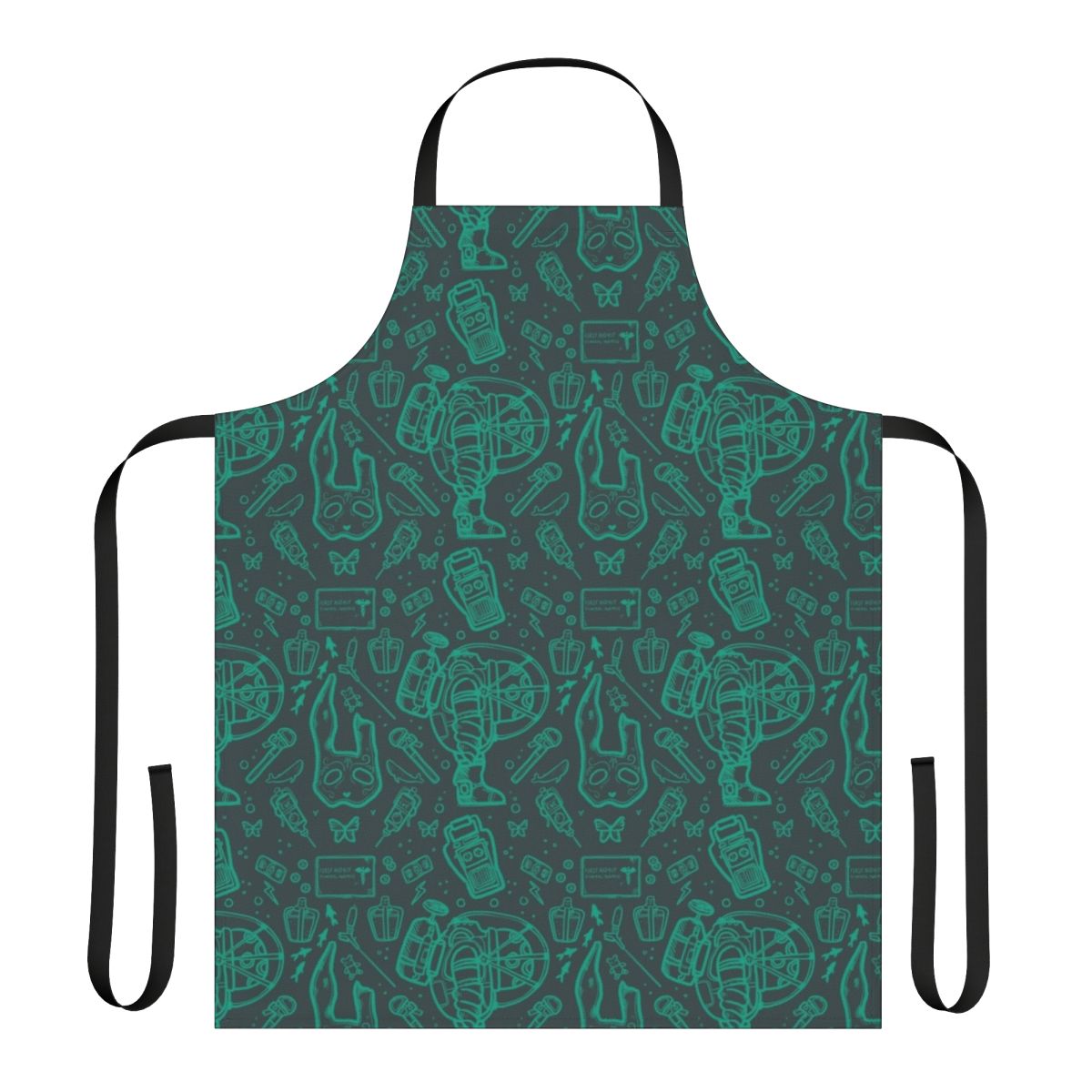 Bioshock-inspired apron featuring a continuous pattern of Rapture elements like plasmids and the Big Daddy
