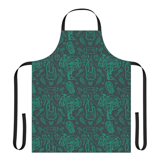 Bioshock-inspired apron featuring a continuous pattern of Rapture elements like plasmids and the Big Daddy