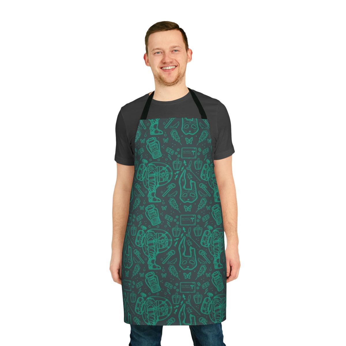 Bioshock-inspired apron featuring a continuous pattern of Rapture elements like plasmids and the Big Daddy