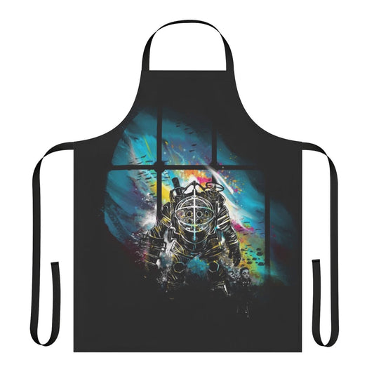A watercolor-styled apron featuring the iconic Mr Bubbles character from the Bioshock video game series.