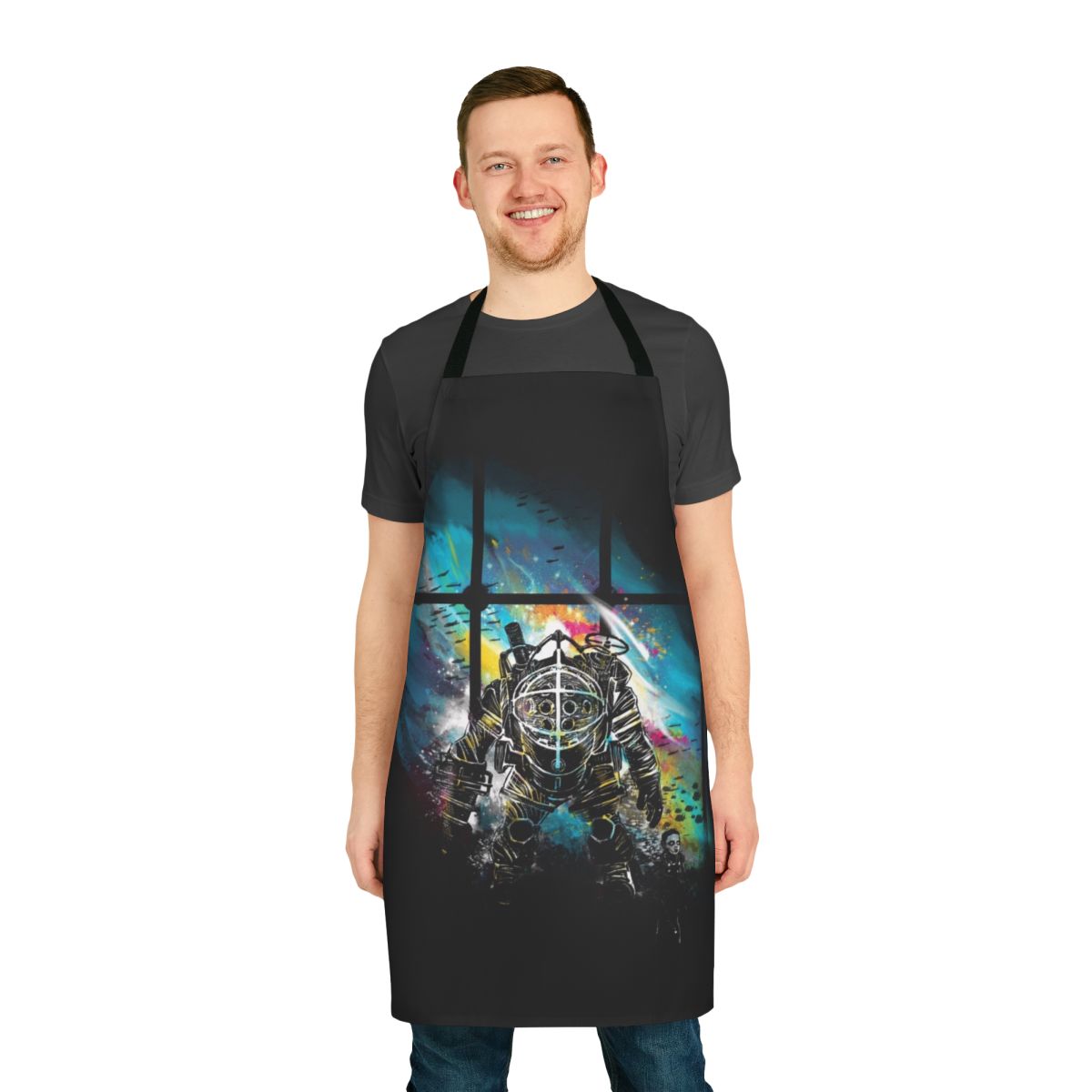 A watercolor-styled apron featuring the iconic Mr Bubbles character from the Bioshock video game series.