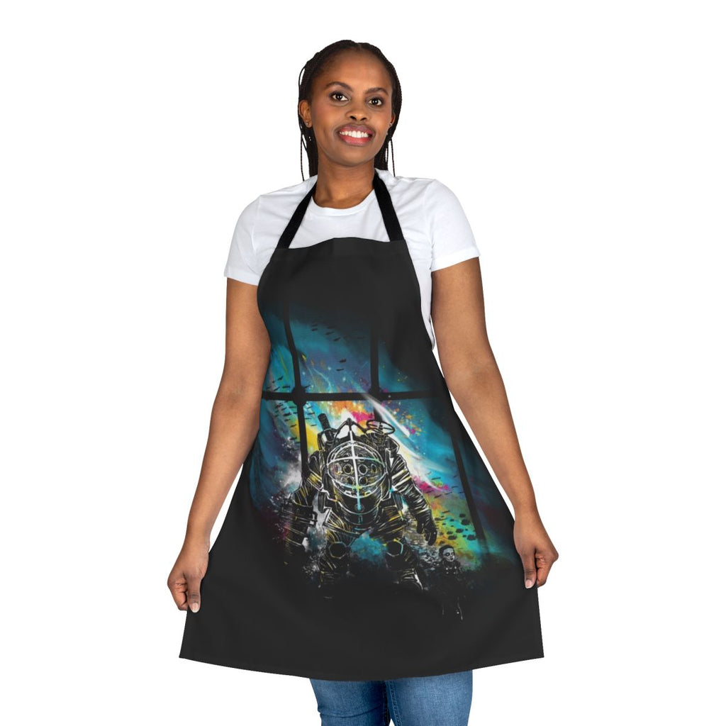 A watercolor-styled apron featuring the iconic Mr Bubbles character from the Bioshock video game series.