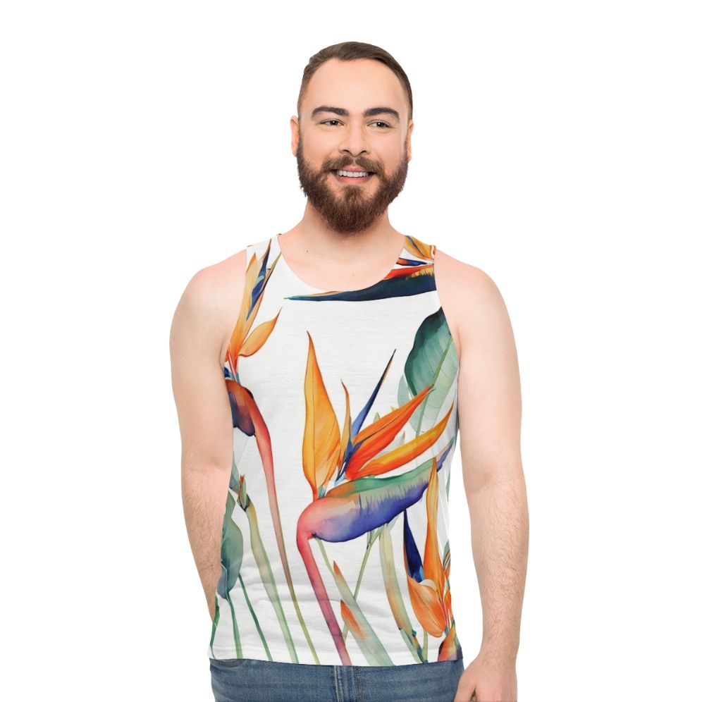 Unisex tank top with birds of paradise design