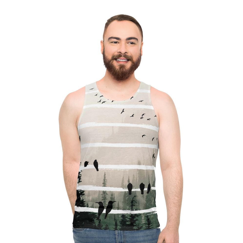 Unisex tank top with birds watching birds at sunset