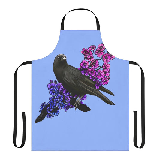 Bisexual crow and floral design apron featuring a black bird perched on a cherry blossom branch against a pastel background.