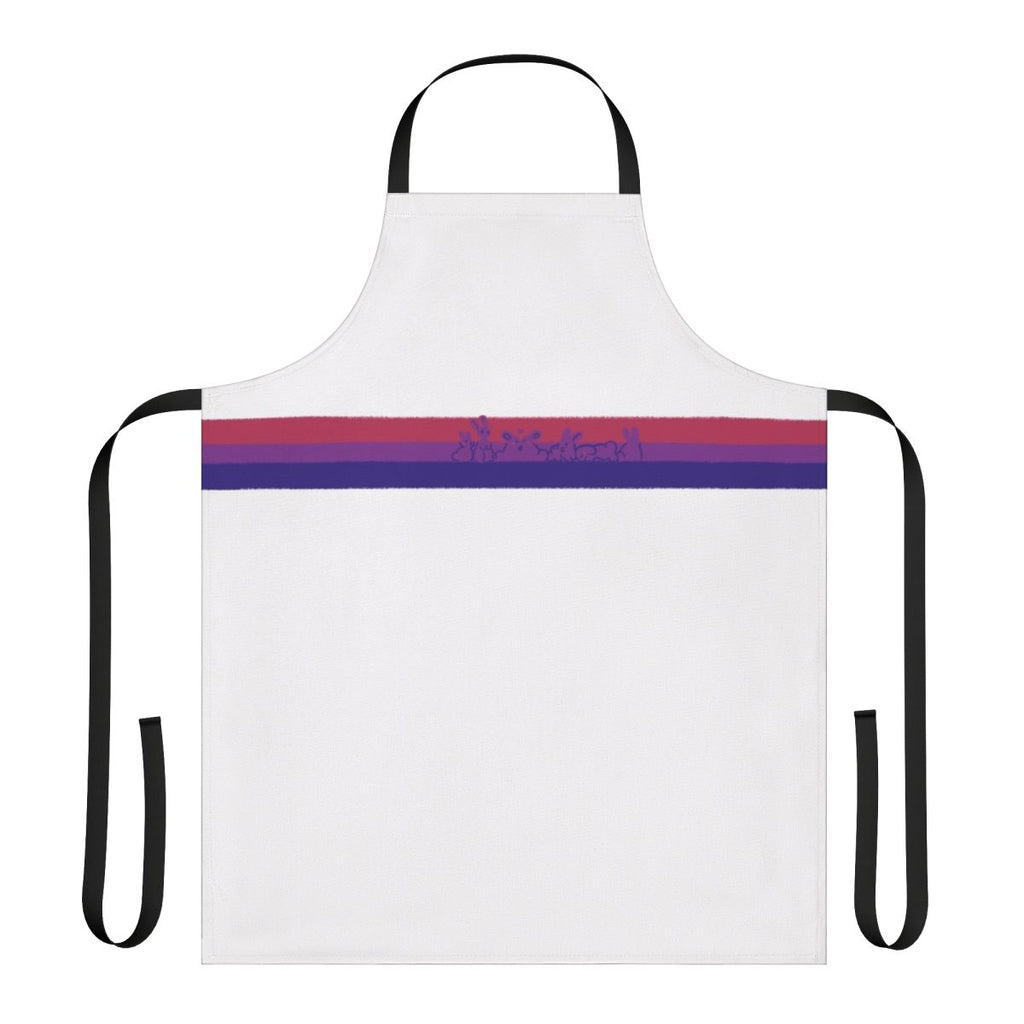 Apron featuring a vibrant bisexual pride flag design and cute rabbits.