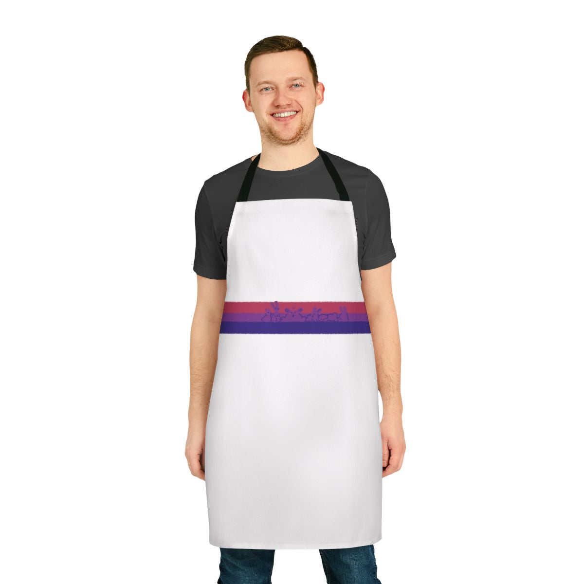 Apron featuring a vibrant bisexual pride flag design and cute rabbits.