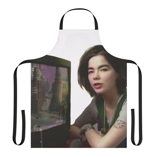 A stylish and practical apron featuring a Bjork-inspired vaporwave design, perfect for the modern kitchen.