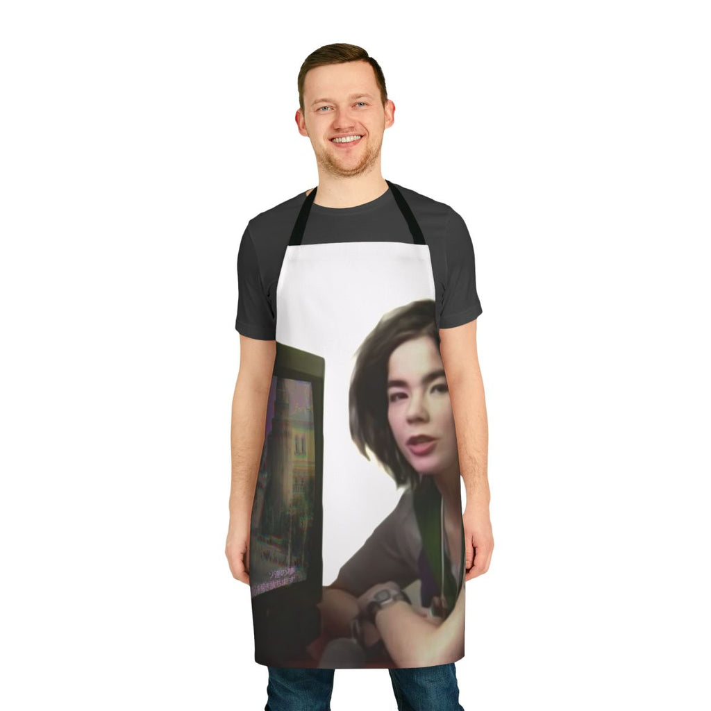 A stylish and practical apron featuring a Bjork-inspired vaporwave design, perfect for the modern kitchen.