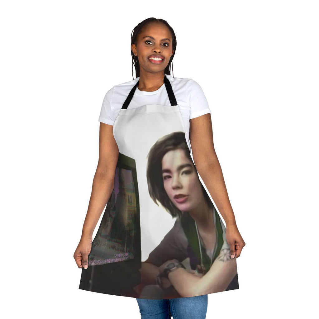 A stylish and practical apron featuring a Bjork-inspired vaporwave design, perfect for the modern kitchen.