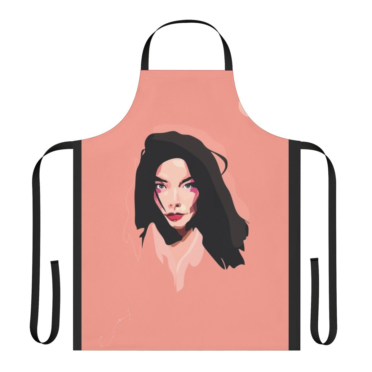 Bjork inspired pink apron with scorpio moon and cute cheeks design, ideal for alternative music fans and creative cooks.