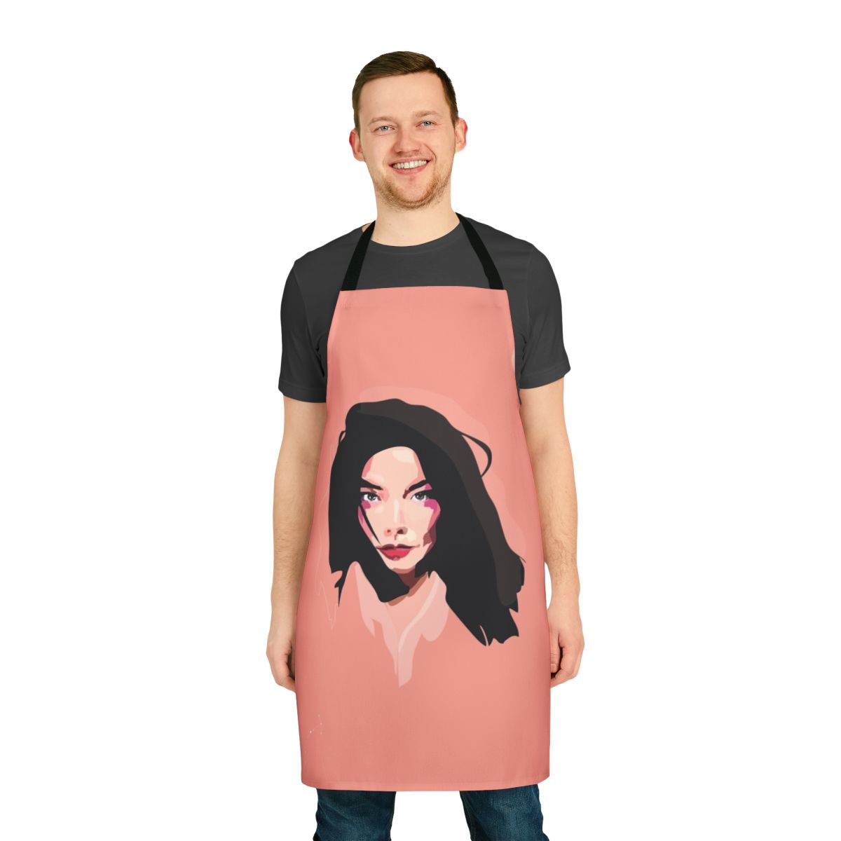 Bjork inspired pink apron with scorpio moon and cute cheeks design, ideal for alternative music fans and creative cooks.
