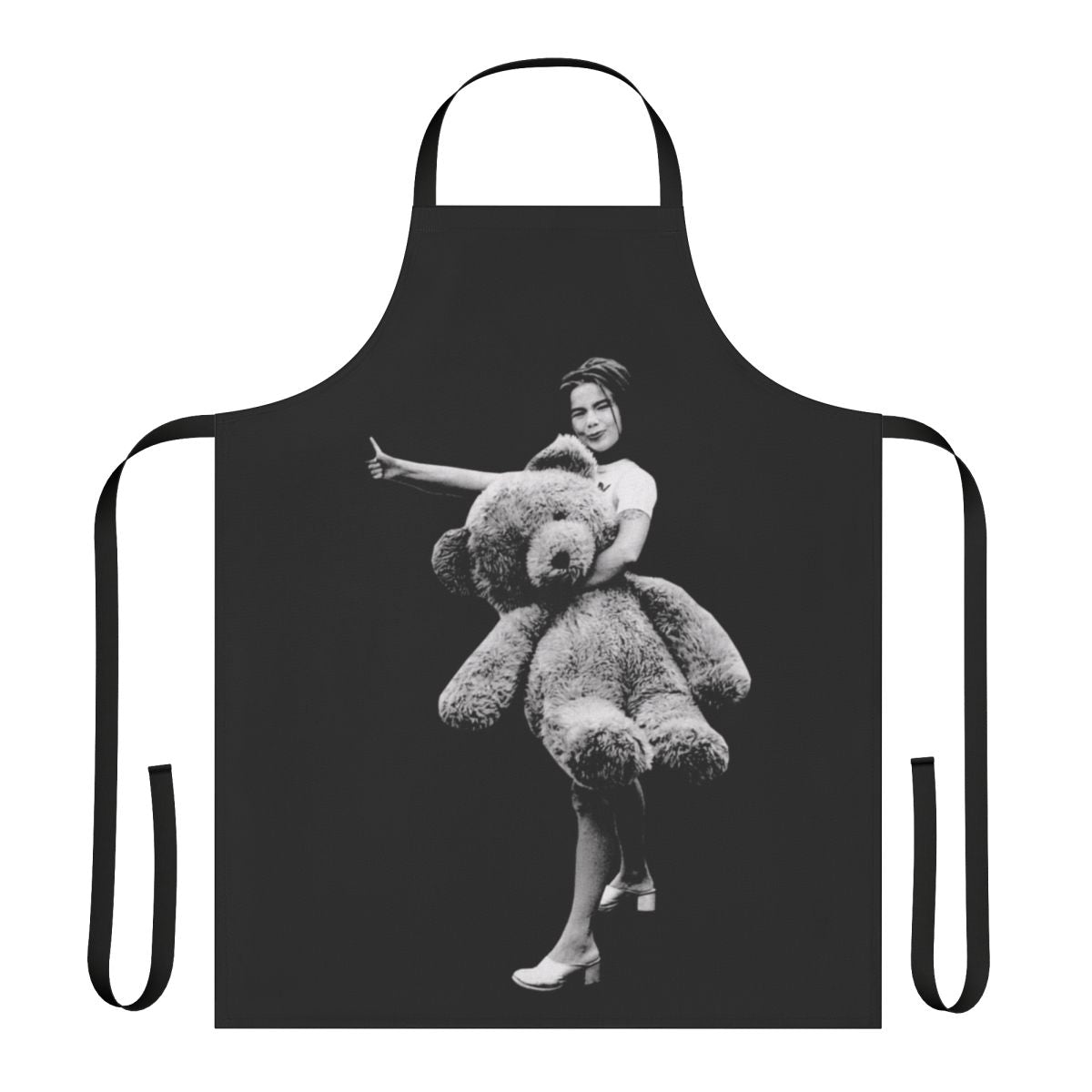 A whimsical apron featuring a teddy bear design, inspired by the iconic Icelandic artist Bjork.