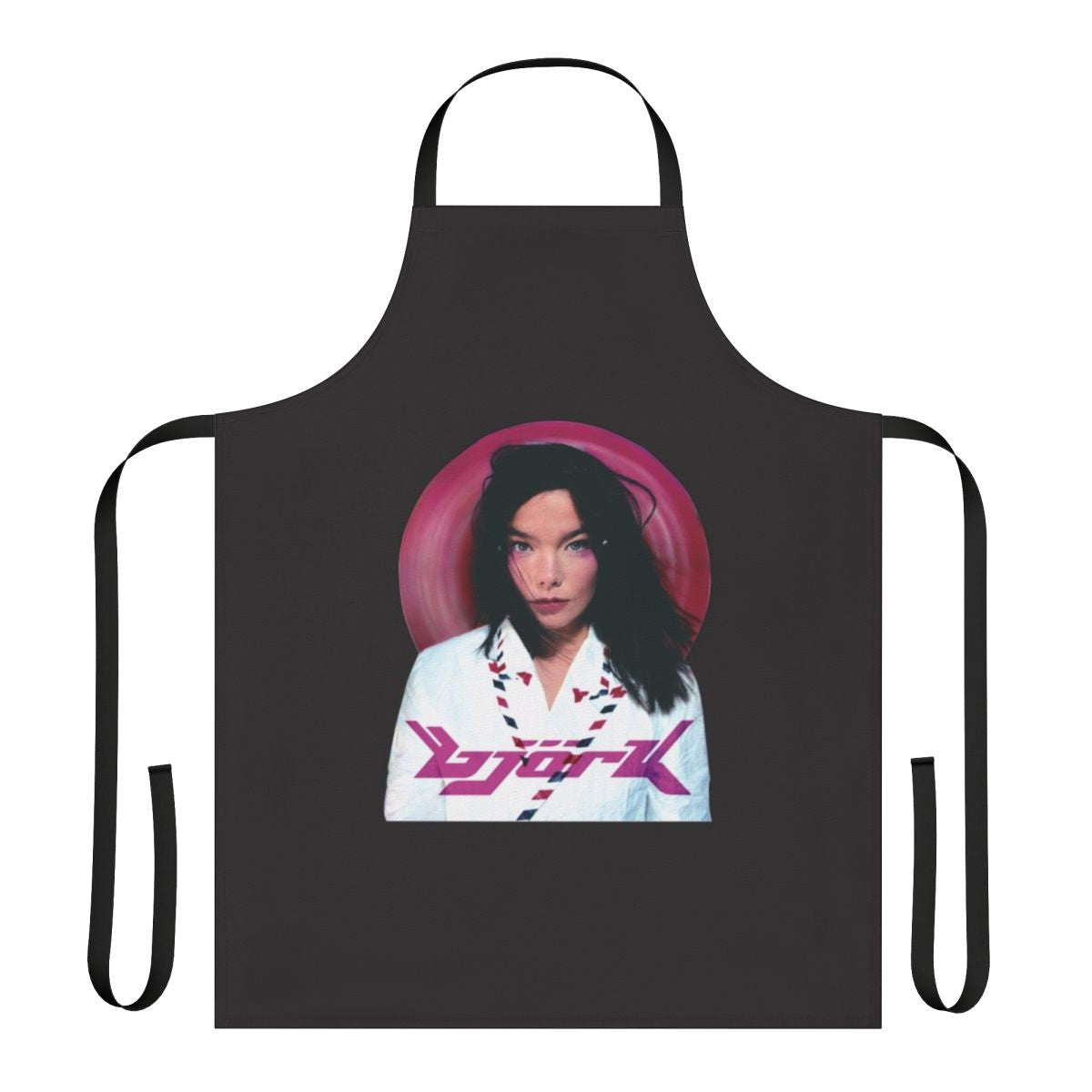 Bjork-inspired vintage-style apron with retro 90s music graphics