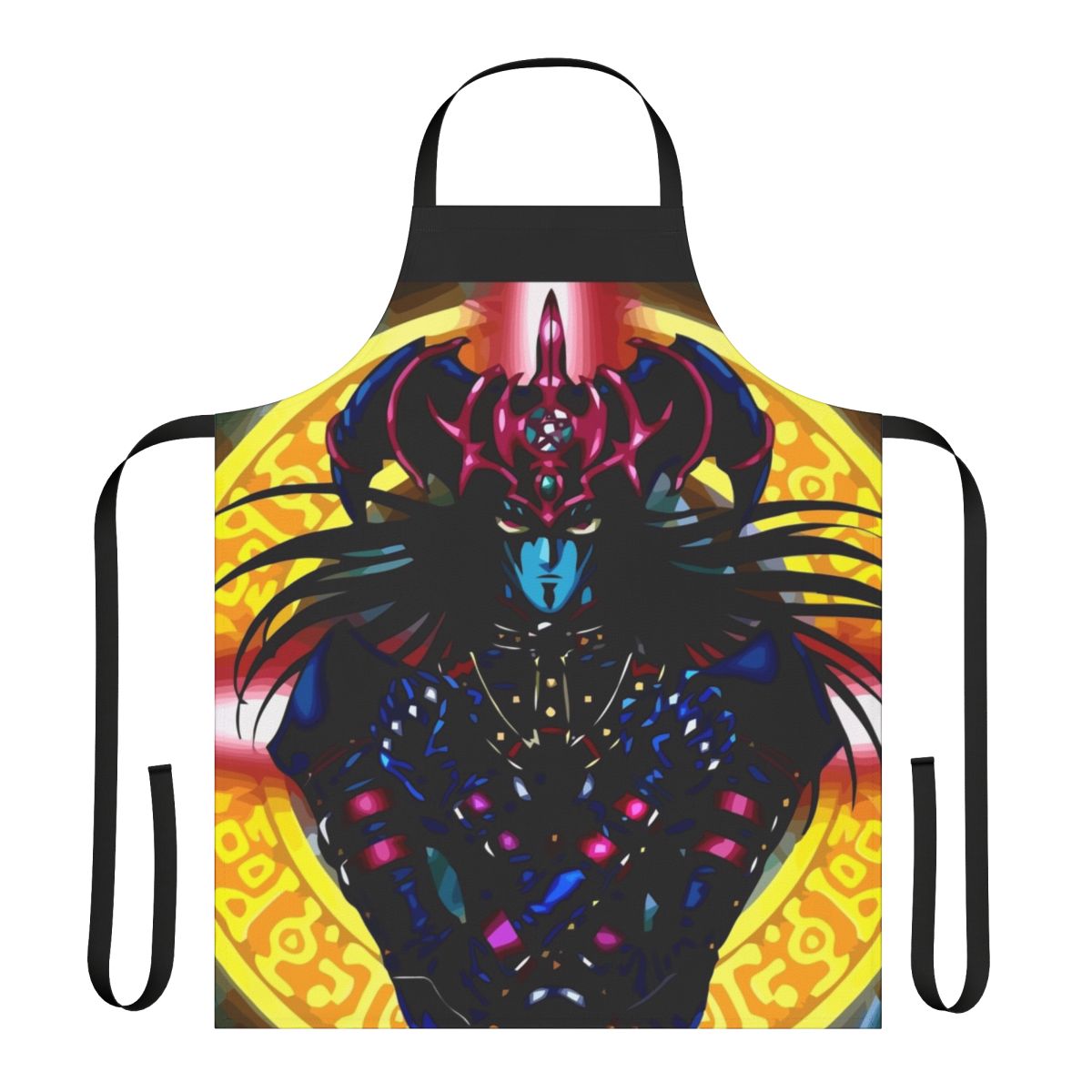 Black and white apron featuring characters and designs inspired by the anime series Yu-Gi-Oh!