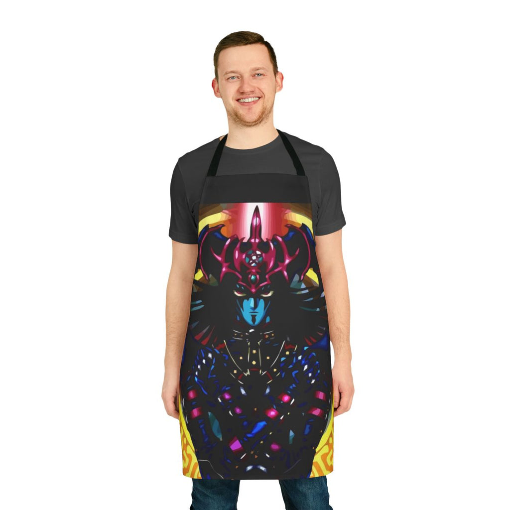 Black and white apron featuring characters and designs inspired by the anime series Yu-Gi-Oh!