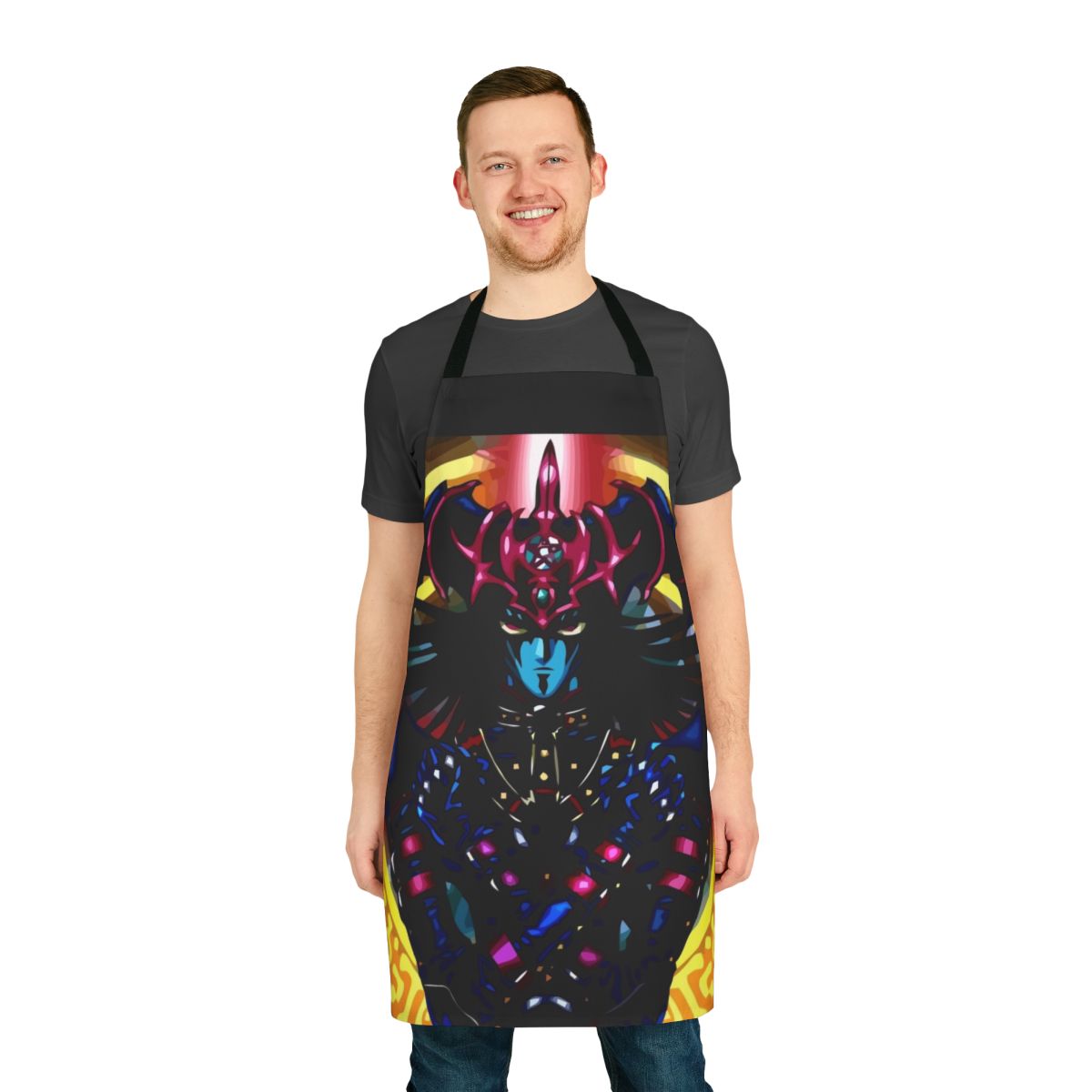 Black and white apron featuring characters and designs inspired by the anime series Yu-Gi-Oh!