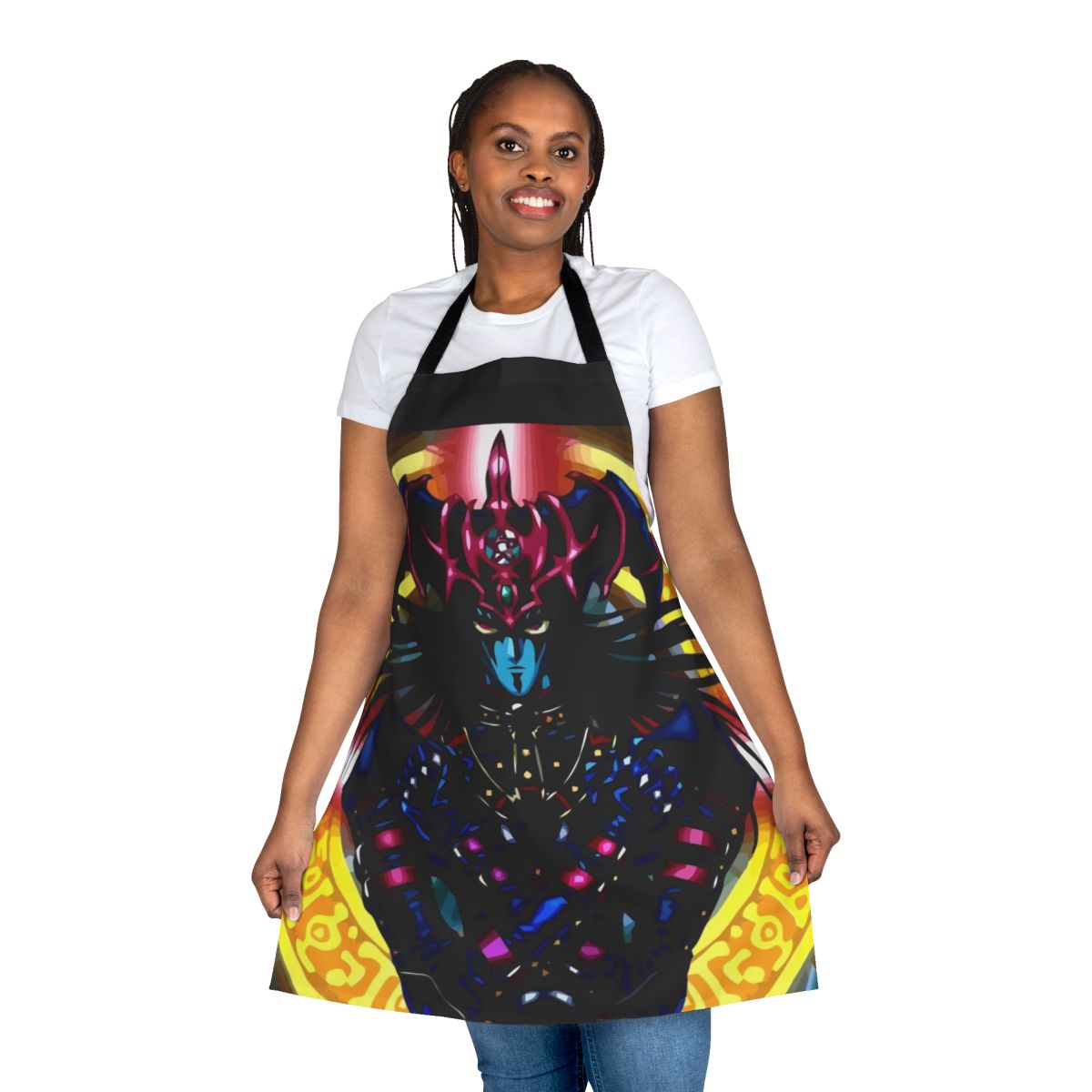 Black and white apron featuring characters and designs inspired by the anime series Yu-Gi-Oh!