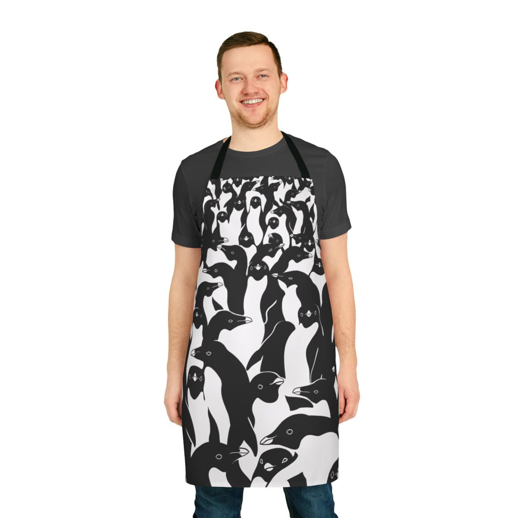 Black and white penguin pattern apron with camouflage design